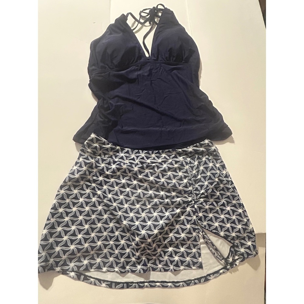 Cupshe Navy Blue Halter Tankini Set with Geometric Swim Skirt XL